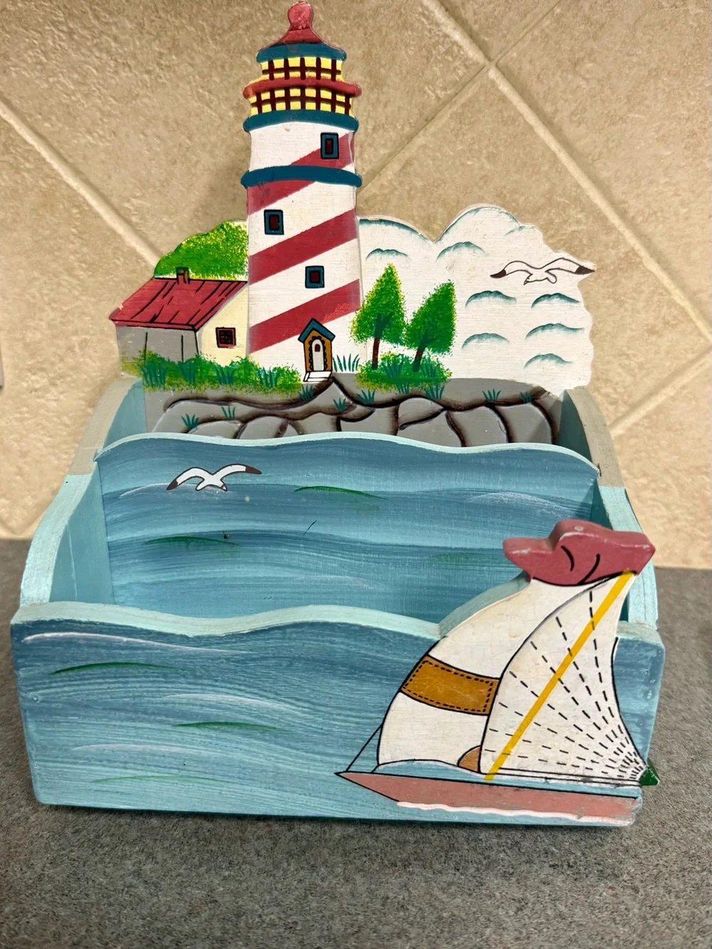 Vintage Hand-Painted Lighthouse Wooden Coastal Stationary Organizer